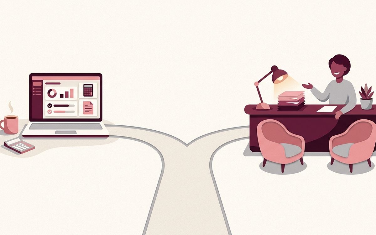 Illustration: a fork in a path: one side a laptop with tax software, the other side a friendly accountant's desk