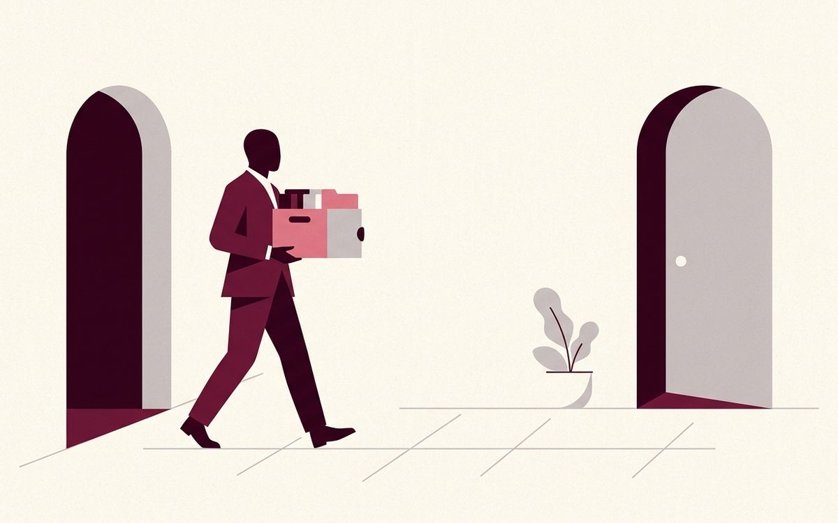Illustration: a person carrying a box of files from one office door to another, calm and decisive