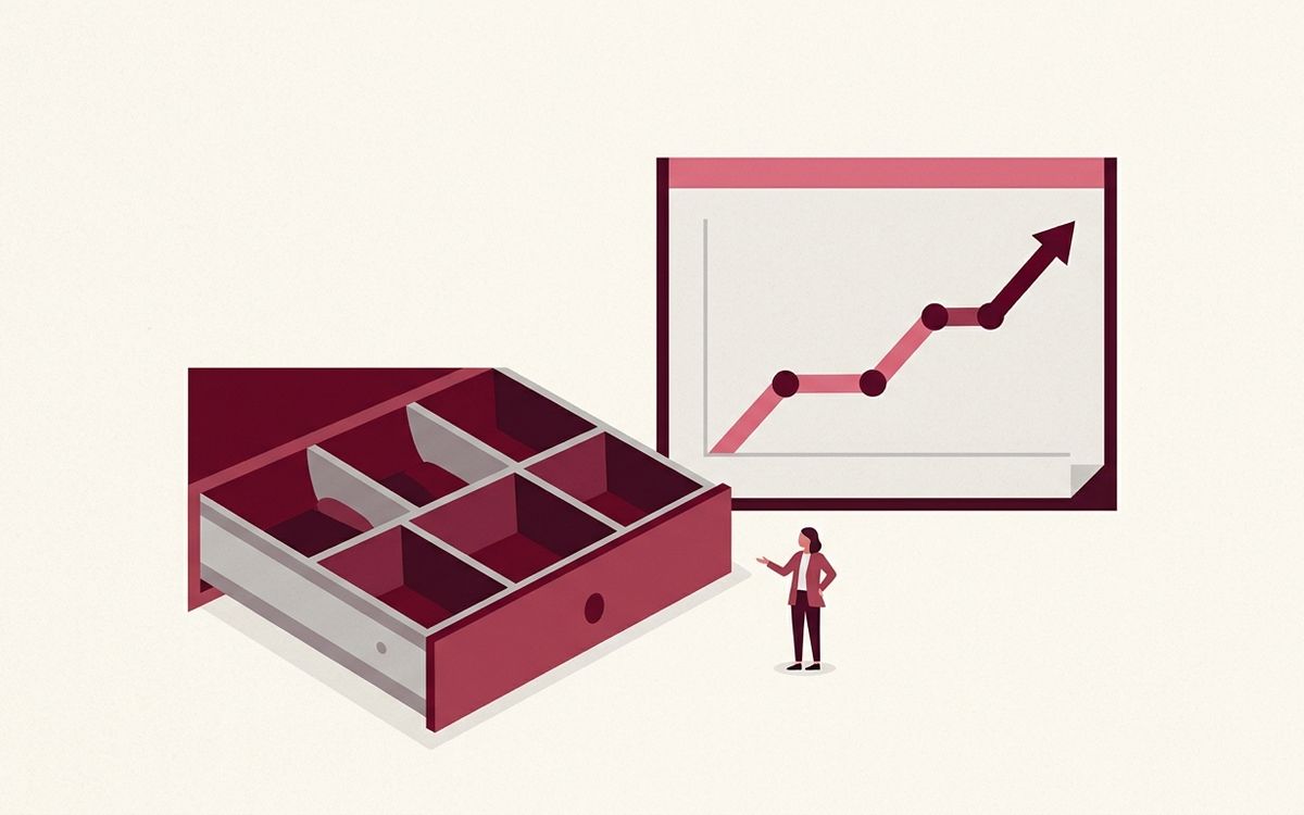 Illustration: an empty cash register drawer next to a rising profit chart, puzzled but calm mood
